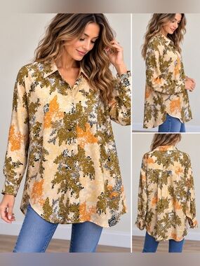 Entro Floral Button Front Tunic Boutique Blouse M